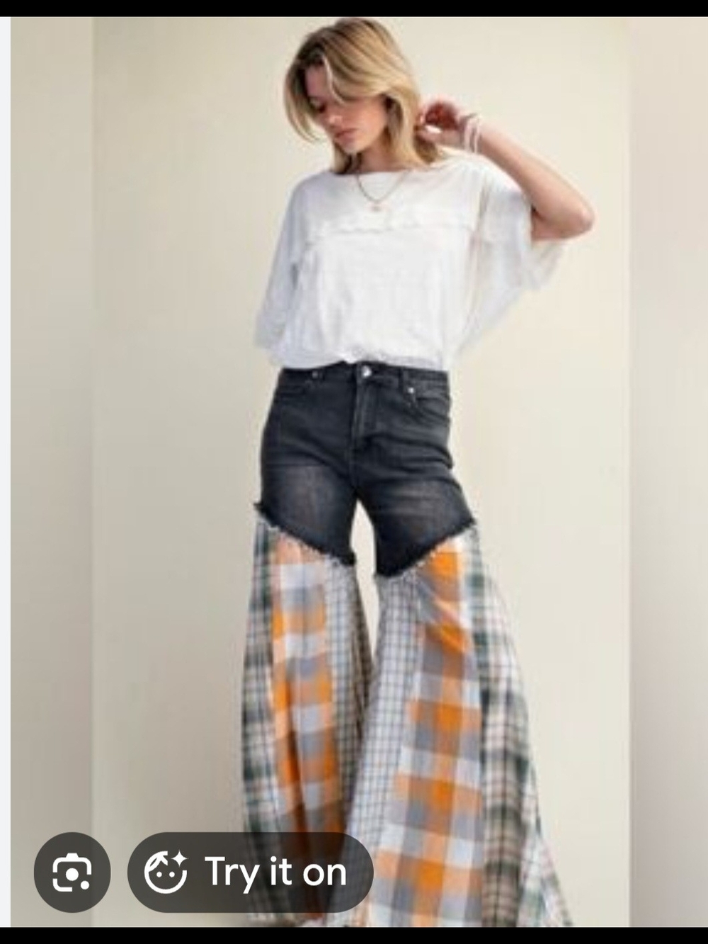 Easel High-Waist Black Denim Flare Jeans with Orange Plaid Panels NWOT